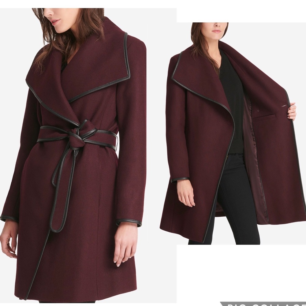 DKNY Faux-Leather-Trim Wrap Coat 🧥 in Bordeaux - Picture 14 of 17